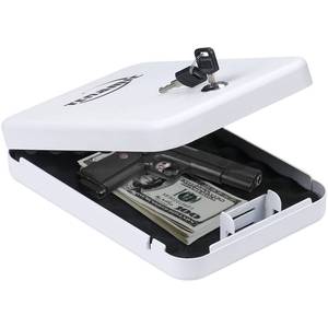 lot 44979 image: Tenamic Pistol Safe, Portable Travel Gun Safe, Solid Steel Handgun Lock Box for Home, Gun Safes for Car, White - Retail $22