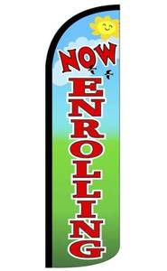lot 44985 image: 4 Less Co NOW ENROLLING Windless Swooper Flag Feather Banner Sign 3x11.5 ft Tall (Flag Only) gz - Retail $27