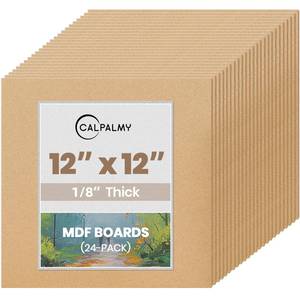 lot 44993 image: CALPALMY 24-Pack MDF Board 18 Inch Thick 12 x 12 Unfinished Wood Panels, 3mm Thick Medium Density Fiberboard Wood Boards for Crafts, Painting, Carpentry, Engraving, Interior Design, and More - Retail $28