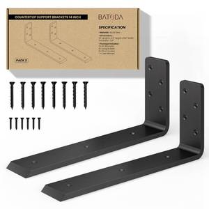 lot 44999 image: BATODA 14 Countertop Support Steel Brackets (2 pcs) for Large Granite - Heavy Duty L Floating Shelf Bracket - Black Metal Wall Mounted Support for Wood Shelving Mounting Hardware Included - Retail $37