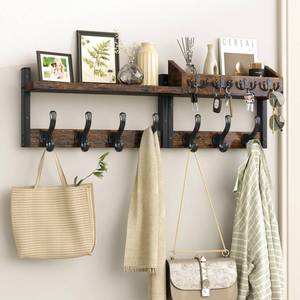 lot 22035 image: Evermagin 29 Coat Rack Wall Mount with Shelf, 4 in 1 Coat and Key Hanger with 11 Metal Hooks, Entryway Wall Mounted Shelf with Mail Holder for Living Room, Bedroom, Rustic Brown - Retail $43