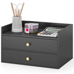 lot 22054 image: Bamboo Desk Organizer with Drawers Wooden Desktop Storage Organization Box for Bills Office Supplies Kitchen Utensils Organizing Tool for Home Classroom Vanity, No Assembly Required (2 Drawers, Black) - Retail $50