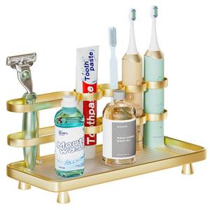 lot 22058 image: YOOLENS Electric Toothbrush Holder for Bathroom Countertop 5 Metal Slots Toothpaste Razor Mouthwash Organizer, Gold - Retail $24