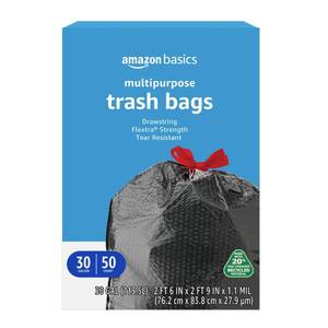 lot 22066 image: Amazon Basics 30 Gallon Flextra Strength Multipurpose Drawstring Trash Bags, 20% Post Consumer Recycled Material, Tear Resistant, Black, 50 Count - Retail $14