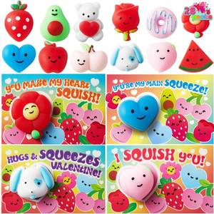 lot 22070 image: JOYIN 28 Packs Valentines Day Gift Cards with Mochi Squishy Toys, Kawaii Mochi Squishy Toy to Squeeze Stress Relief Fidget Toy for Kids Valentine Party Favor Classroom Exchange Prizes - Retail $27