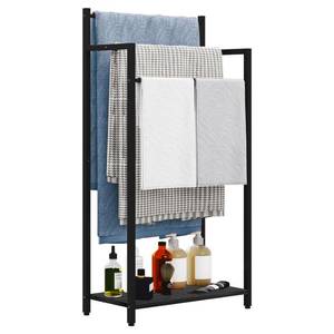 lot 22079 image: yeavs Freestanding Towel Rack, 3 Tier Blanket Ladder Stand with Black Wooden Shelf for Bathroom Living Room (31.5H x 16.9W x7.9D) - Retail $24