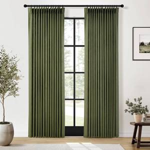 lot 22088 image: Olive Green Pleated Linen Curtains 84 Inches Long for Living Dining Room Bedroom Light Filtering Boho Window Drapes 2 Panels with Hooks Rings Clips Sliding Glass Door Semi Sheer Curtain Pinch Pleat - Retail $48