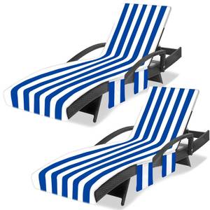 lot 22089 image: Ruikyhom Lounge Chair Towel Cover, Beach Chair Covers (Pack of 2), Chaise Lounge Cover with 3 Pockets for Pool Beach Garden Courtyard Outdoor Trips, 85 x30 in, Striped Dark Blue - Retail $30