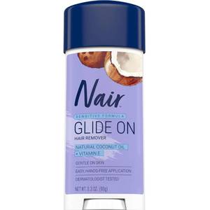 lot 29868 image: Nair Sensitive Formula Glide On, Hands-Free Applicator Hair Removal Cream with Coconut Oil and Vitamin E for Body, 3.3 oz - Retail $6