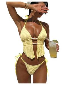 lot 29881 image: QJQ Womens 2 Pieces Thong Bikini Set Textured Backless Halter Triangle Tankini Cute Cheerky Bathing Suits Yellow Small - Retail $30
