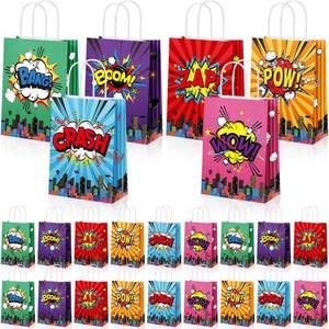 lot 29883 image: Pajean 36 Pcs Hero Party Favors Bags Comic Hero Kraft Paper Goodie Candy Treat Gift Bags with Handle Boom Theme Birthday Decorations Supplies - Retail $23