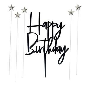 lot 29887 image: Set of 1 Black Acrylic Happy birthday Cake Topper,5 pcs silvery Star Cake Cupcake Topper(Black 1) - Retail $6