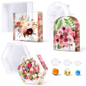 lot 31627 image: Potchen 3 Pcs Large Silicone Molds for Resin Activity Hexagon Glossy Deep Square Molds with 3 Pcs Round Epoxy Resin Patterns for Flowers Preservation DIY Making (Arch Style) - Retail $28