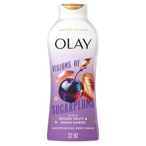 lot 31644 image: Olay Body Wash for Women, Hydrating & Moisturizing, Holiday Edition, With Plant Based Cleansers, B3 Complex, For All Skin Types, Visions of Sugarplums with Spiced Fruit & Warm Amber Scent, 22 fl oz - Retail $7