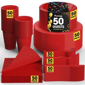 lot 45030 image: Pureegg Red Plastic Plates Set - 350 Pcs Complete Dinnerware Sets for 50 Guests, Disposable Plates, Utensils, Cups, Napkins Included, for Party, Gathering, Wedding, Daily Use - Retail $40