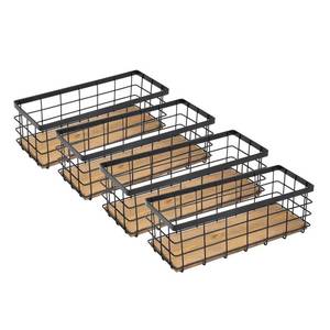 lot 45031 image: TIEYIPIN Farmhouse Small Metal Wire Storage Basket Bin, Rustic Home Storage Organizer with Wooden Bottom for Kitchen, Cabinets, Bathroom Counter, Pantry, Garage, Laundry Room - Black (4 Pack) - Retail $55