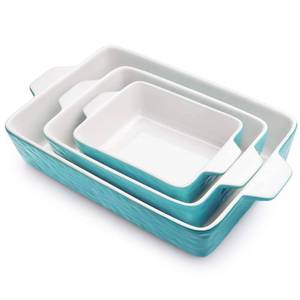 lot 45033 image: Krokori Casserole Dishes for Oven, Ceramic Baking Dishes, Lasagna Pan with Handles, Porcelain Baking Pan Deep, Bakeware for Baking, Cooking, Wedding Gift, Set of 3 (11.6 x 7.8, Aquamarine) - Retail $40