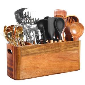 lot 45038 image: Kitchen Utensil Holder for Counter or Countertop, Extra Large Acacia Wood Organizer with 4 Compartments, Wooden Storage for Cooking and Silverware, Rustic Minimalist Decor, Sturdy Utensil Crock - Retail $36