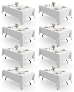lot 45056 image: Pureegg Rectangle Table Cloth 60 x 84 8 Packs, Durable Polyester Tablecloth Offers Reusable & Washable Protection, Ideal for Outdoor Party, Picnic, Wedding, Banquet and Birthday, White - Retail $30