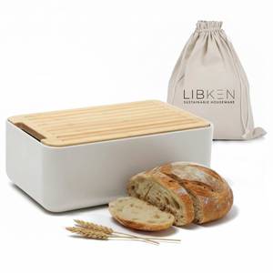 lot 45073 image: LIBKEN Bread Box Extra Thick Steel Bin with Bamboo Cutting Board Lid & Drawstring Bag - Modern Scandinavian Metal Box for Kitchen Countertop, Sourdough & Homemade Bread - Warm Grey - Retail $775
