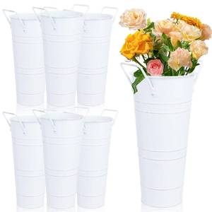 lot 45076 image: Dualshine 6 Pcs Galvanized Bucket Bar, 10 Inch Flower Bucket and Metal Vase with Handles, Farmhouse Vases for Wedding and Cut Flowers, Balcony Garden (White) - Retail $34