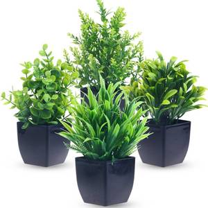 lot 45085 image: GREENTIME 4 Pack Fake Plants in Black Pot Mini Artificial Eucalyptus Potted Plant Small Faux Grass Greenery Potted for Indoor Home Office Farmhouse Bathroom Table Decoration - Retail $12