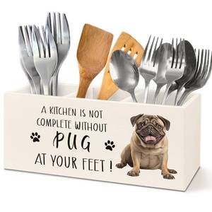 lot 45093 image: Cquwb Funny Pug Decor Kitchen Utensil Holder,Gifts for Pug Lovers 3 Compartment Cooking Utensil Holder for Kitchen Counter,Dog Decorative Wooden Storage Organizer Box,3.5x7.9inch - Retail $10