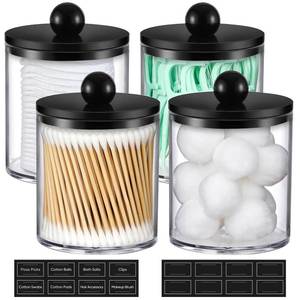 lot 45105 image: 4 Pack Acrylic Qtip Holder Dispenser for Cotton Swabs, Balls, Pads, Floss - Plastic Canister Apothecary Jar Set, Bathroom Essentials Accessories Decor Vanity Makeup Storage Organizer - Clear & Black - Retail $9