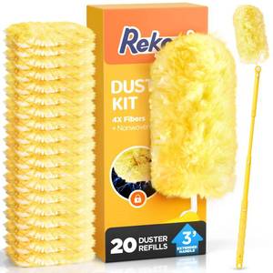 lot 45110 image: Heavy Duty Duster Refill Kit for Swiffer Duster with 3 ft Extension Pole & 20 Count Refills, 4X Microfibers Multisurface Dusters for Cleaning Home, Celling Fan, Blinds, Vent & Shelves - Retail $16