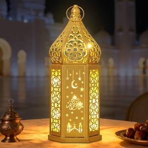 lot 45124 image: Lifnatty Gold Ramadan Lantern Decorations, Intricate Hollow-Out Islamic Moon Star Design, Battery-Operated Eid Mubarak Decorative Lamp, Perfect for Ramadan Decorations for Home Party Table Windows - Retail $27