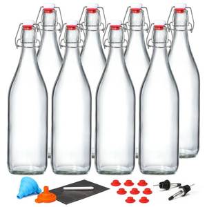 lot 61756 image: 7 Pack 1 L  33 fl. oz. Swing Top Glass Bottles w Airtight Stopper Lids Flip Top Brewing Bottle for Fermentation, Kombucha, Mead, Vinegar, Beer, Kefir, Wine, Soda With 7 Extra Seals & 2 Pourer - Retail $30