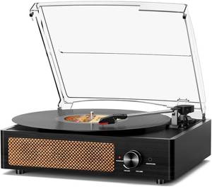 lot 61764 image: Record Player for Vinyl with 2 Build-in Speakers LP Vinyl Players Belt-Driven Vintage Turntables 3 Speed 3 Size, Wireless Bluetooth Playback, AUX-in, RCA Out, Headphone, Auto Stop Black Wood - Retail $60