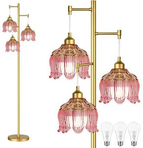 lot 61768 image: QIYIZM Pink Floor Lamp for Living Room,Bedroom,Gold Mid Century Modern Standing Lamp Brass Tree 3 Light Tall Floor Lamps Vintage Retro Floor Lights Glass Flower Lamp Shade Girls Kids Boho Bohemian - Retail $70