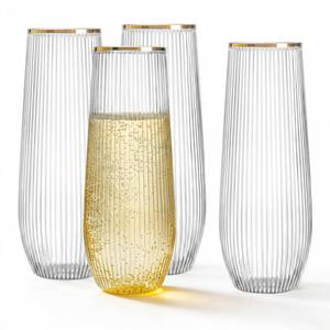 lot 61769 image: HOMIP 36pcs Plastic Champagne Flutes with Gold Rim - 9oz BPA-free Disposable Champagne Glasses, Ribbed Ripple Design for Weddings, Parties, Bars & Events (Stemless, Durable) - Retail $29