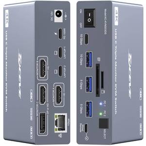 lot 17008 image: USB C KVM Switch 3 Monitors 2 Laptops 4K60Hz, Displaylink USB C Docking Station 3 Monitor KVM for Windows Mac M1 M2 M3 M4, Extended Triple Displays,PD 100W,USB 3.0,USB 3.2,SDTF,1G Ethernet - Retail $299