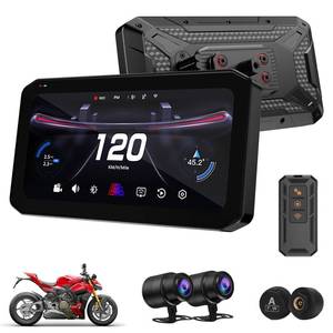 lot 17012 image: Mogico T7 Ultra Motorcycle CarPlay Android Auto GPS Navigation Smart Riding System, Blind Spot Detection, Tire Pressure Sensor, Dual 2K Dash Cameras, 6.25 Touch Screen Mirror Link, IP67 Waterproof - Retail $149