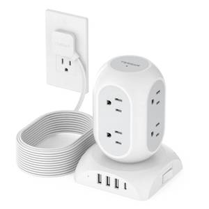 lot 22101 image: TESSAN Surge Protector Power Strip Tower, Flat Plug Extension Cord 10 Ft with 8 AC Multiple Outlets 4 USB Ports (1 USB C), 1050J Protection Desk Charging Station for Home, Office, Dorm Room, Gray - Retail $25
