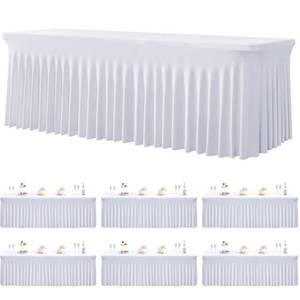 lot 22110 image: 6 Pack Spandex White Tablesloths for 8 Foot Rectangle Tables, Stretchy Table Cloths 8ft Fitted Table Cover Desk Skirt for Parties Weddings Birthday Banquet Baby Shower - Retail $110