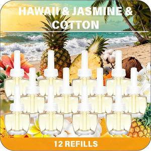lot 22113 image: Plug Ins Refills Air Freshener 12 Pack,Hawaiian, Jasmine & Cotton, for Home and Bathroom 7.92 Fl Oz Compatible with Air Wick & Glade Not Include Glade Plus - Retail $21