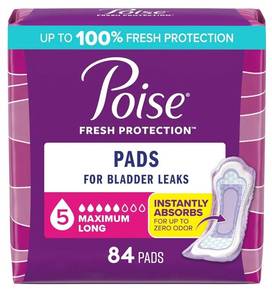lot 22116 image: Poise Incontinence & Postpartum Pads for Bladder Leaks, 5 Drop Maximum Absorbency, Long Length, 84 Count, Packaging May Vary - Retail $35