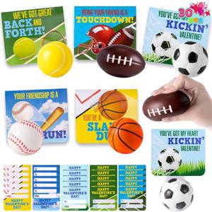 lot 22119 image: JOYIN 30 Packs Valentines Day Gift Card with Sport PU Balls, Mini Sports Ball Sqishy toy Foam for Classroom Exchange Gift for Kids, Holiday Party Favor Toys, Reward Prizes, Stress and Anxiety Relief - Retail $33