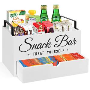 lot 22130 image: Snack Organizer for Countertop, Wood Pantry Storage Bins with Handles, Snack Organizer for Pantry, Kitchen, 4 Compartment Food Container Snack Box with Drawer, Pantry Organizer for Snacks, Chips - Retail $30