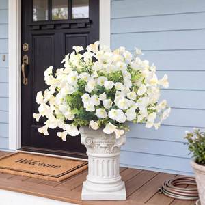 lot 22132 image: Artificial Flowers for Outdoors 12 Bundles Realistic Faux Plants UV Resistant Fake Silk Morning Glory with Eucalyptus for Front Door Planter Patio Porch Outside Spring Summer Decoration (White) - Retail $12