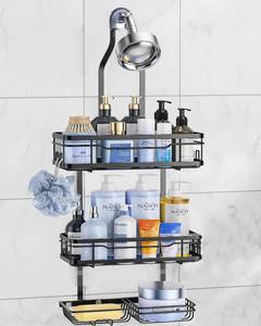 lot 22135 image: OMAIRA Shower Caddy Hanging Over the Shower Head - Rustproof Shower Organizer Hanging with Soap Scrub Holder, Non-Slip Stainless Steel Bathroom Storage Rack & Shelves, No Drilling, Black - Retail $20