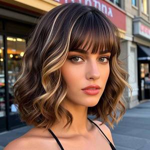 lot 22136 image: Amarlis Blonde Highlight Bob Wig with Bangs for Women Dark Brown and Blonde Wigs Natural Looking Heat Resistant Synthetic Wig for Daily Party Use - Retail $18