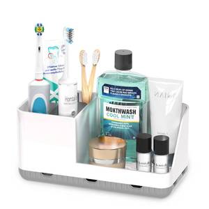 lot 22148 image: Homtalker Toothbrush Holders for Bathroom Counter - Detachable Bathroom Organizer and Storage Electric Toothbrush and Toothpaste Holder, Bathroom Decor Accessories for Countertop, Shower, Sink - Retail $13