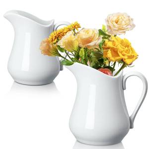 lot 22151 image: Domensi 2 Pcs 34oz White Ceramic Pitcher Vase Farmhouse Jug Vase Rustic Ceramic Pitchers with Handle Vintage White Flower Pots for Living Room Home Decor Bouquet Floral Arrangement Gifts - Retail $31