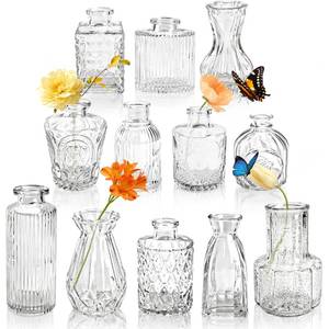 lot 22155 image: Der Rose Glass Bud Vases Set of 12, Small Bud Vases for Flowers, Rustic Wedding Centerpieces and Home Decor - Retail $20