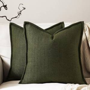 lot 22167 image: DEZENE 18x18 Linen Pillow Covers Olive Green Pack of 2 Farmhouse Boho Neutral Accents Striped Textured Square Decorative Throw Pillow Cases for Living Room Couch Bed Home Decor - Retail $17