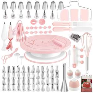 lot 22174 image: Cake Decorating Kit,137pcs Cake Decorating Supplies with Cake Turntable for Decorating,Pastry Piping Bag,Russian Piping Tips Baking Tools, Cake Baking Supplies for Beginners(Light Pink) - Retail $26
